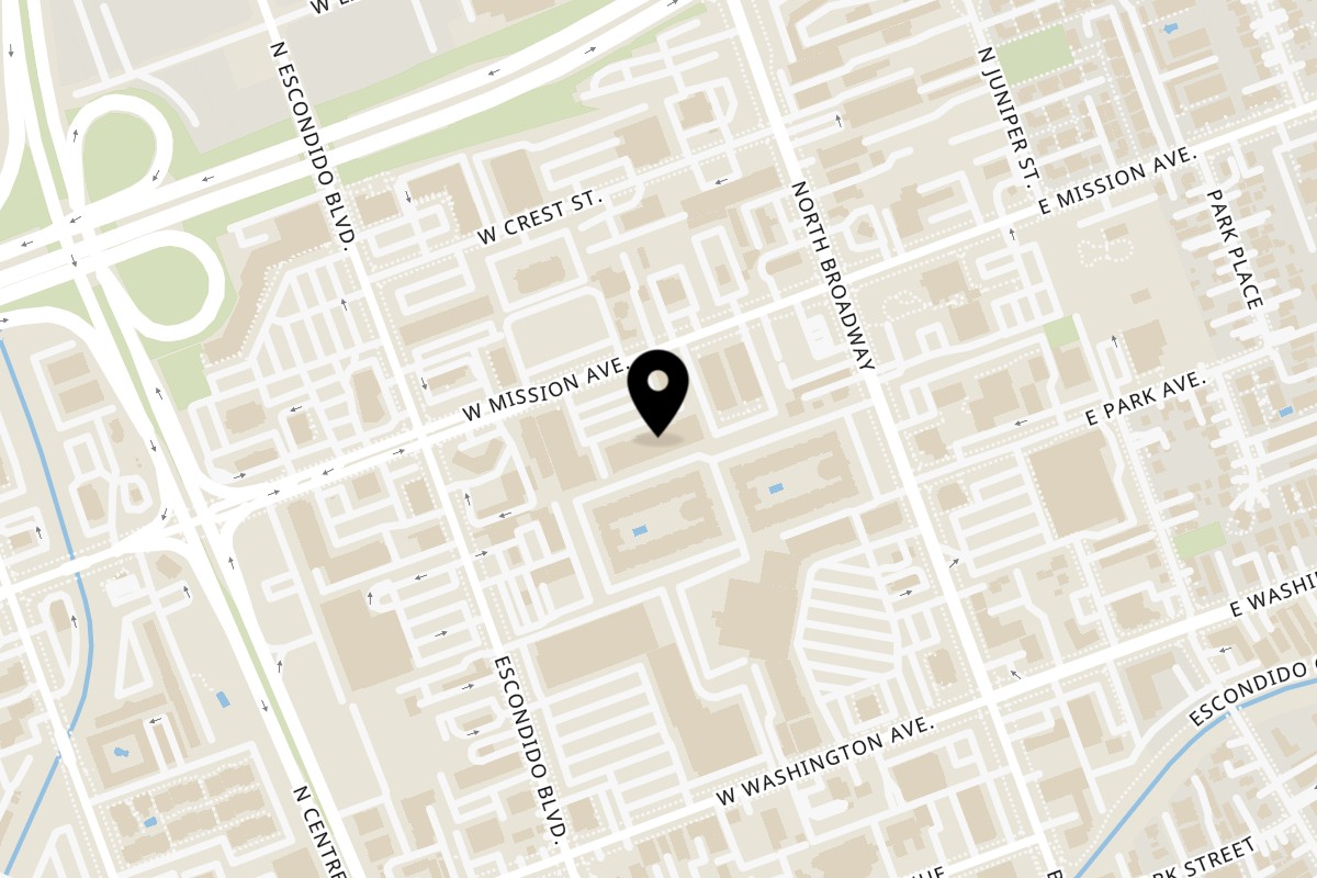 Map showing the location of Pad Thai Restaurant on 205 W Mission Ave in Escondido